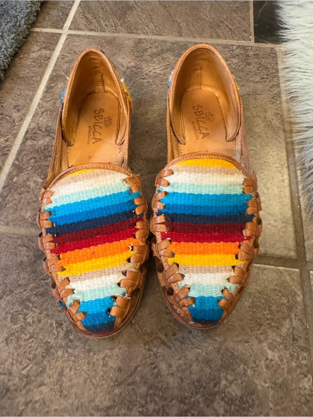 Sbicca Brown Leather Slip-On Loafers with Multicolor Stripe Weave